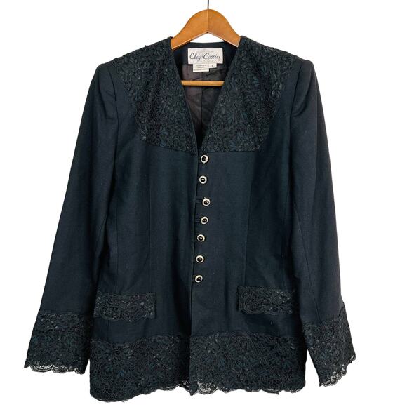 Vintage 80s Oleg Cassini Lace Blazer Black Trim Button Front Classic - 8 - Picture 1 of 12